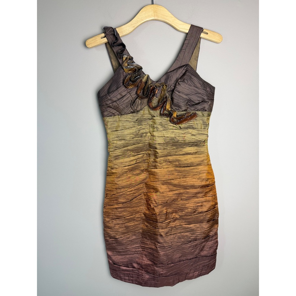 Max and Cleo Ombre Ruched Pleated Mini Cocktail Dress Brown Gold Bronze Size 2